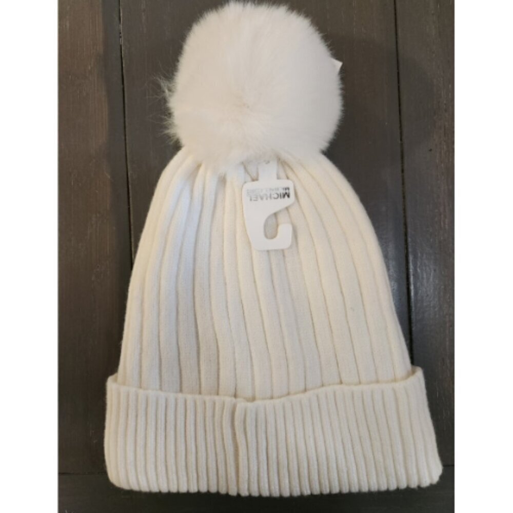 Michael Kors Women's Ivory White Pom Pom Ribbed Knit Cuffed Beanie Size OS - Picture 3 of 4